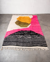 Modern, designer, handcrafted Berber rug from Morocco. Vintage carpet with beautiful colours and patterns and fluffy texture.
