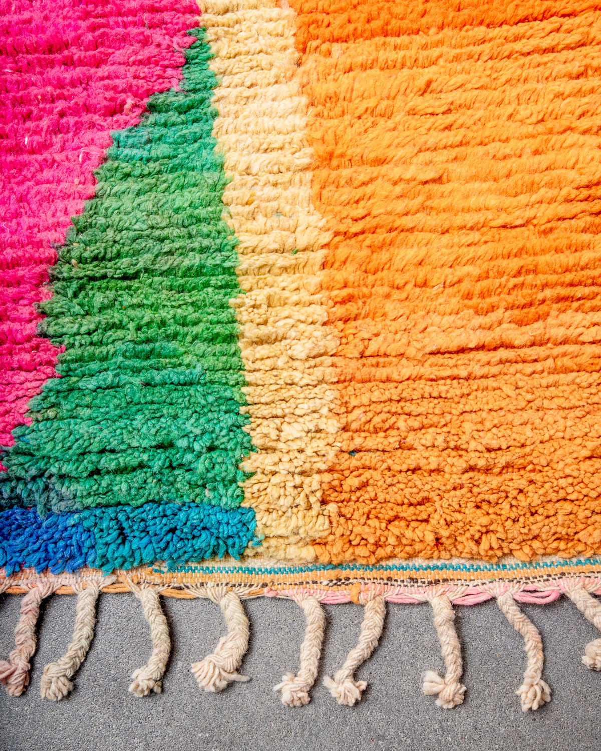 Modern, designer, handcrafted Berber rug from Morocco. Vintage carpet with beautiful colours and patterns and fluffy texture.