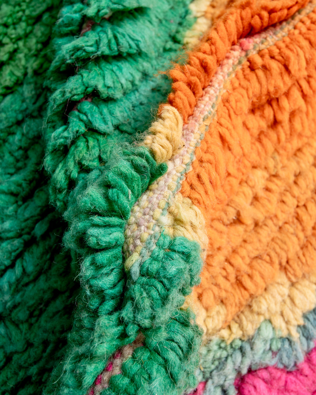 Modern, designer, handcrafted Berber rug from Morocco. Vintage carpet with beautiful colours and patterns and fluffy texture.