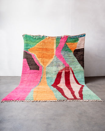 Modern, designer, handcrafted Berber rug from Morocco. Vintage carpet with beautiful colours and patterns and fluffy texture.