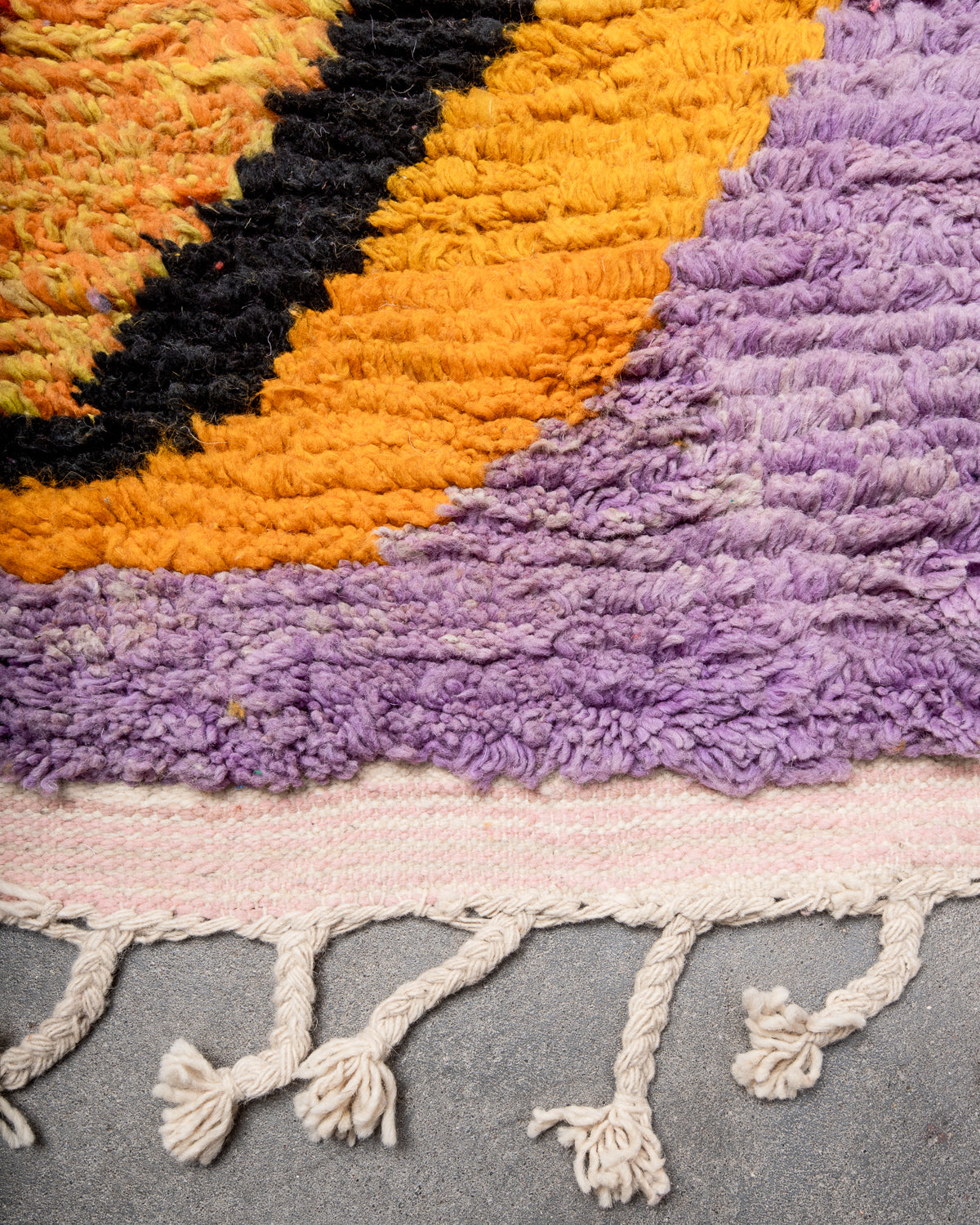 Modern, designer, handcrafted Berber rug from Morocco. Vintage carpet with beautiful colours and patterns and fluffy texture.