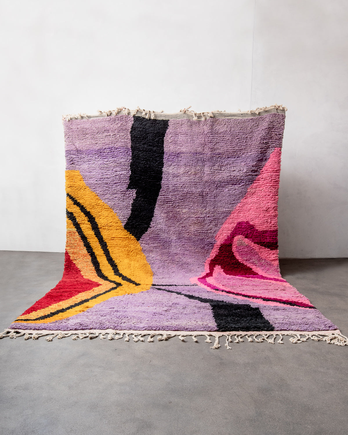 Modern, designer, handcrafted Berber rug from Morocco. Vintage carpet with beautiful colours and patterns and fluffy texture.