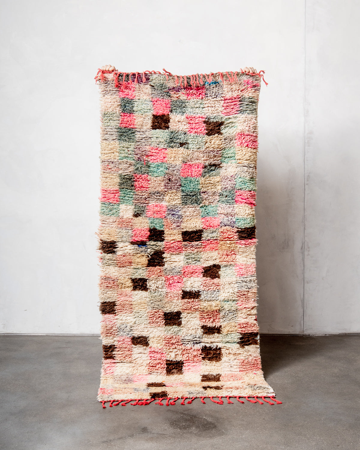 Modern, designer, handcrafted Berber runner rug from Morocco. Vintage carpet with beautiful colours and patterns and fluffy texture.