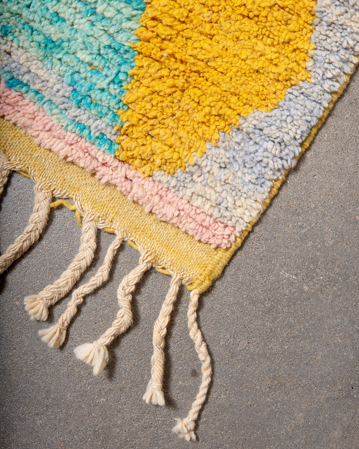Modern, designer, handcrafted Berber runner rug from Morocco. Vintage carpet with beautiful colours and patterns and fluffy texture.