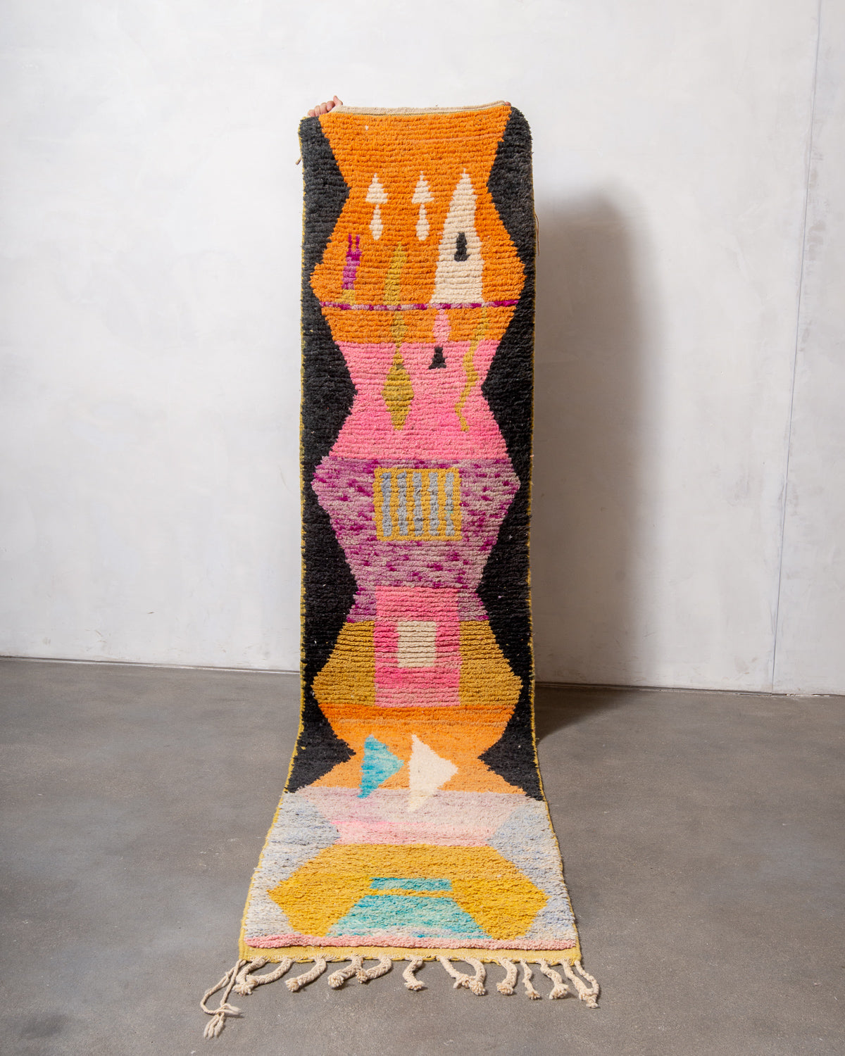 Modern, designer, handcrafted Berber runner rug from Morocco. Vintage carpet with beautiful colours and patterns and fluffy texture.