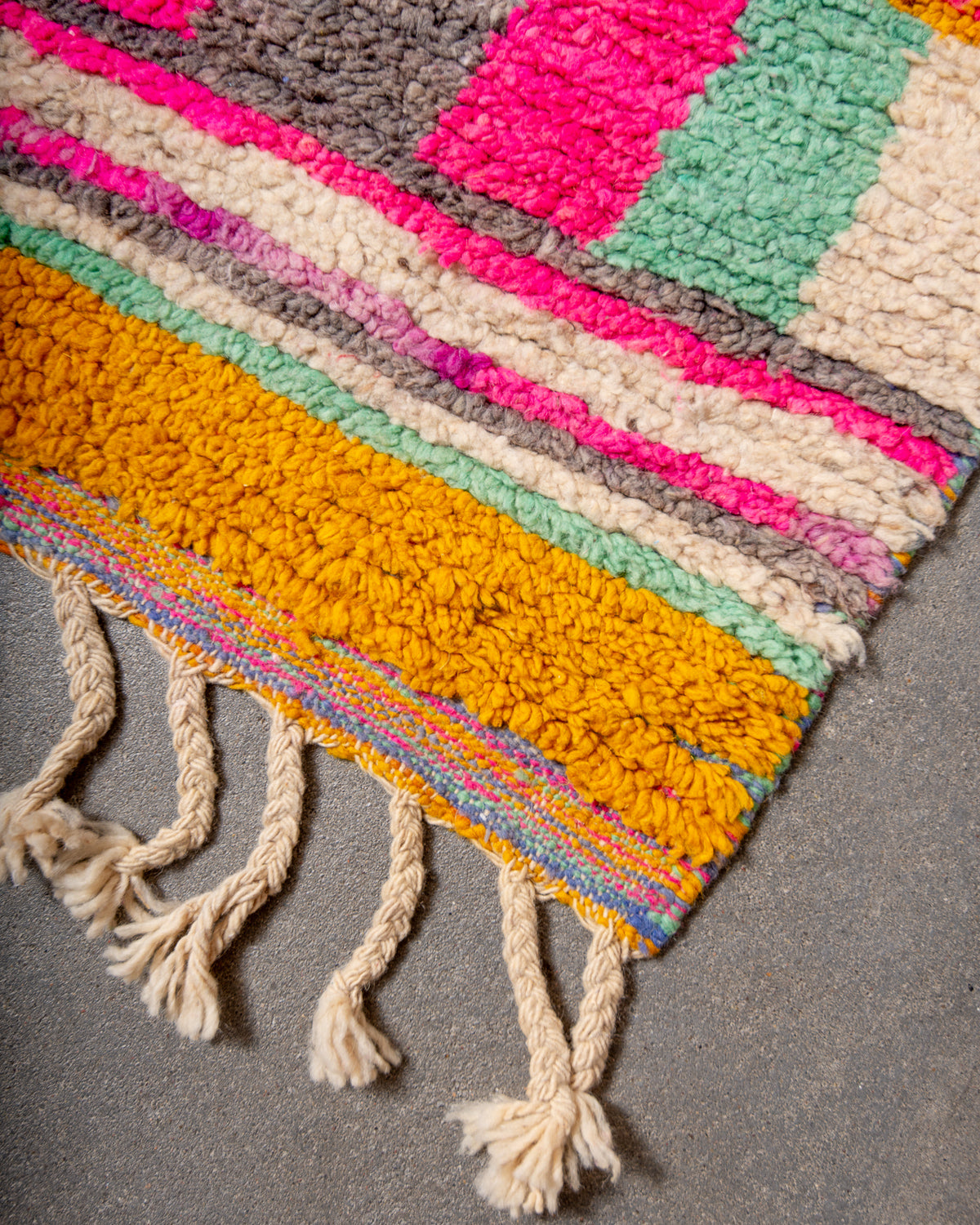 Modern, designer, handcrafted Berber runner rug from Morocco. Vintage carpet with beautiful colours and patterns and fluffy texture.
