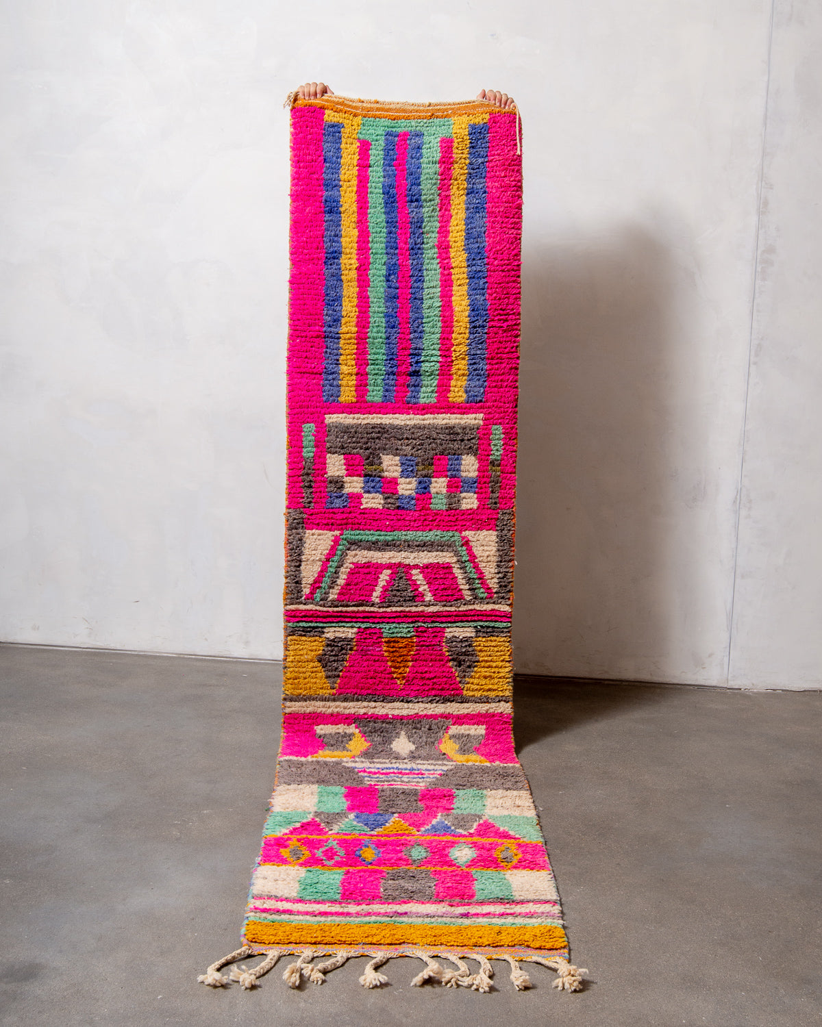 Modern, designer, handcrafted Berber runner rug from Morocco. Vintage carpet with beautiful colours and patterns and fluffy texture.