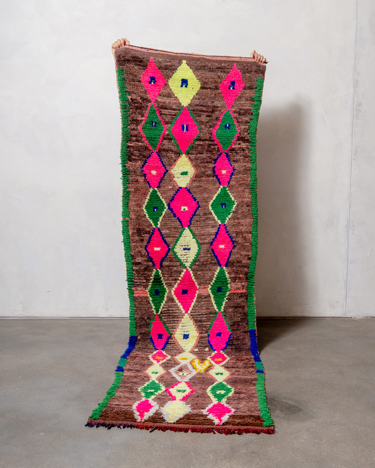 Modern, designer, handcrafted Berber runner rug from Morocco. Vintage carpet with beautiful colours and patterns and fluffy texture.