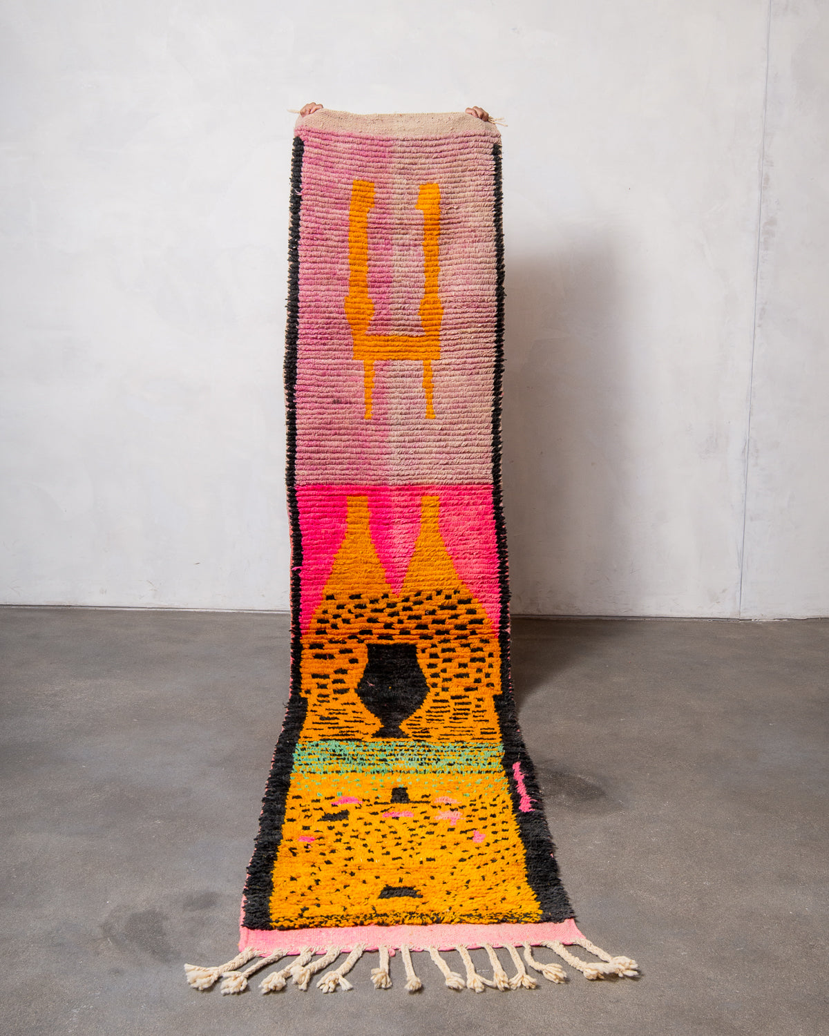 Modern, designer, handcrafted Berber runner rug from Morocco. Beniourain carpet with beautiful colours and patterns and fluffy wool texture.