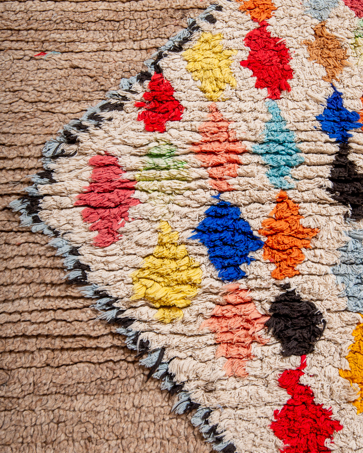 Modern, designer, handcrafted Berber runner rug from Morocco. Vintage carpet with beautiful colours and patterns and fluffy texture.