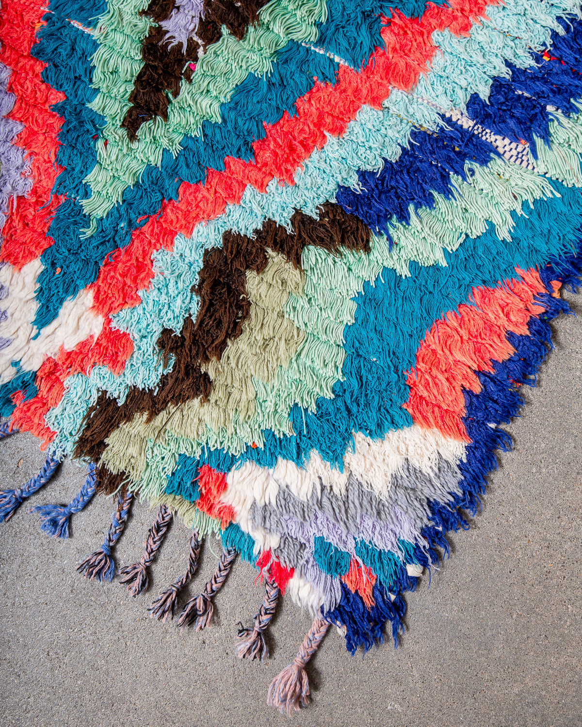Modern designer vintage handcrafted Berber rug from Morocco. Boucherouite runner rug with beautiful colors and patterns.