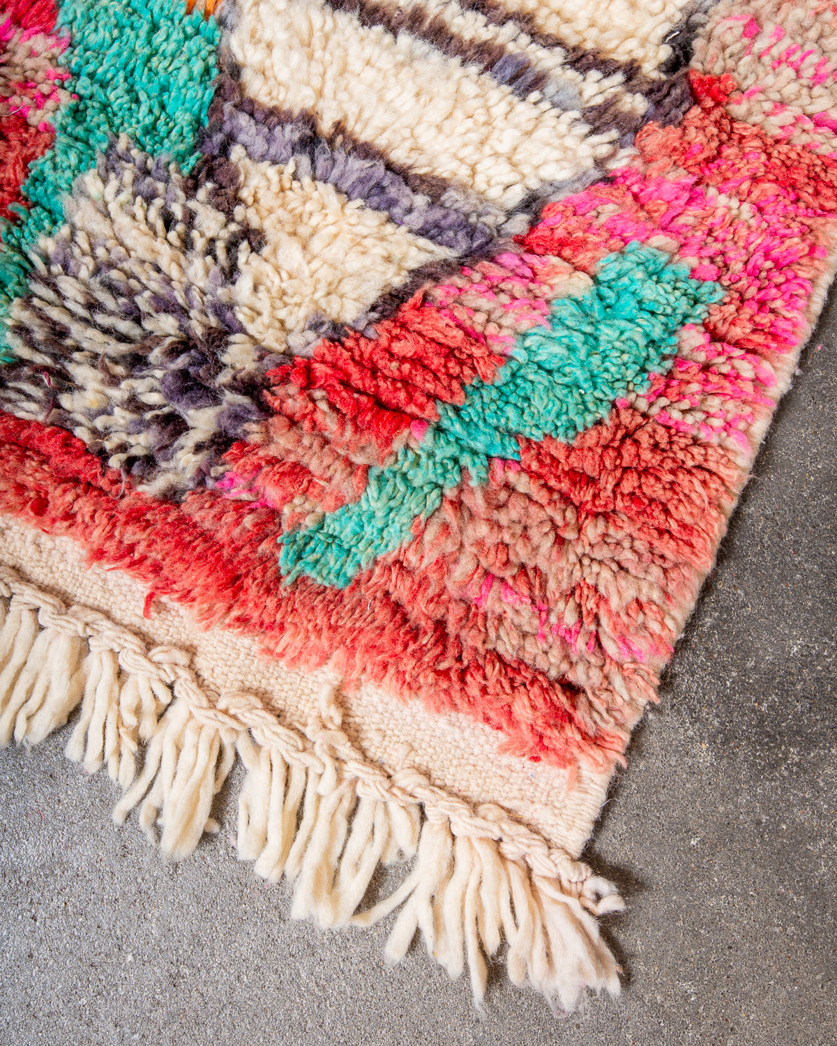 Modern, designer, handcrafted Berber rug from Morocco. Vintage carpet with beautiful colours and patterns and fluffy texture.