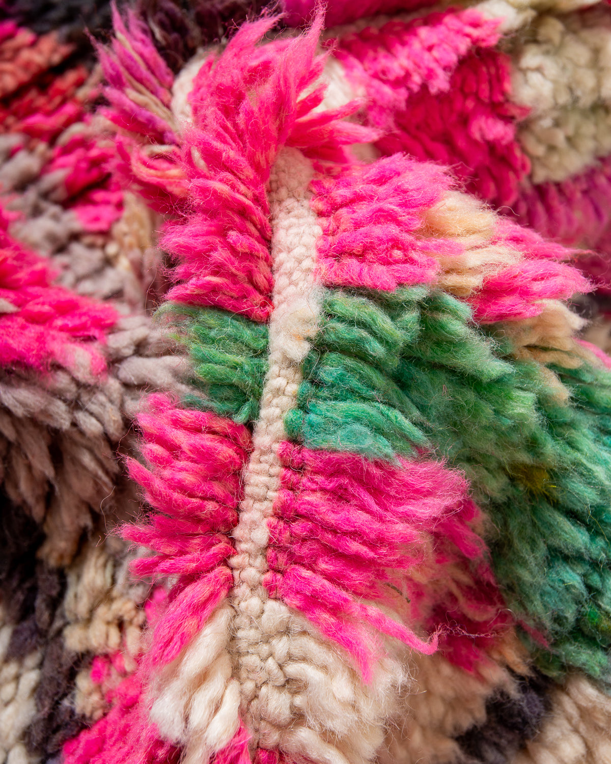 Modern, designer, handcrafted Berber rug from Morocco. Vintage carpet with beautiful colours and patterns and fluffy texture.