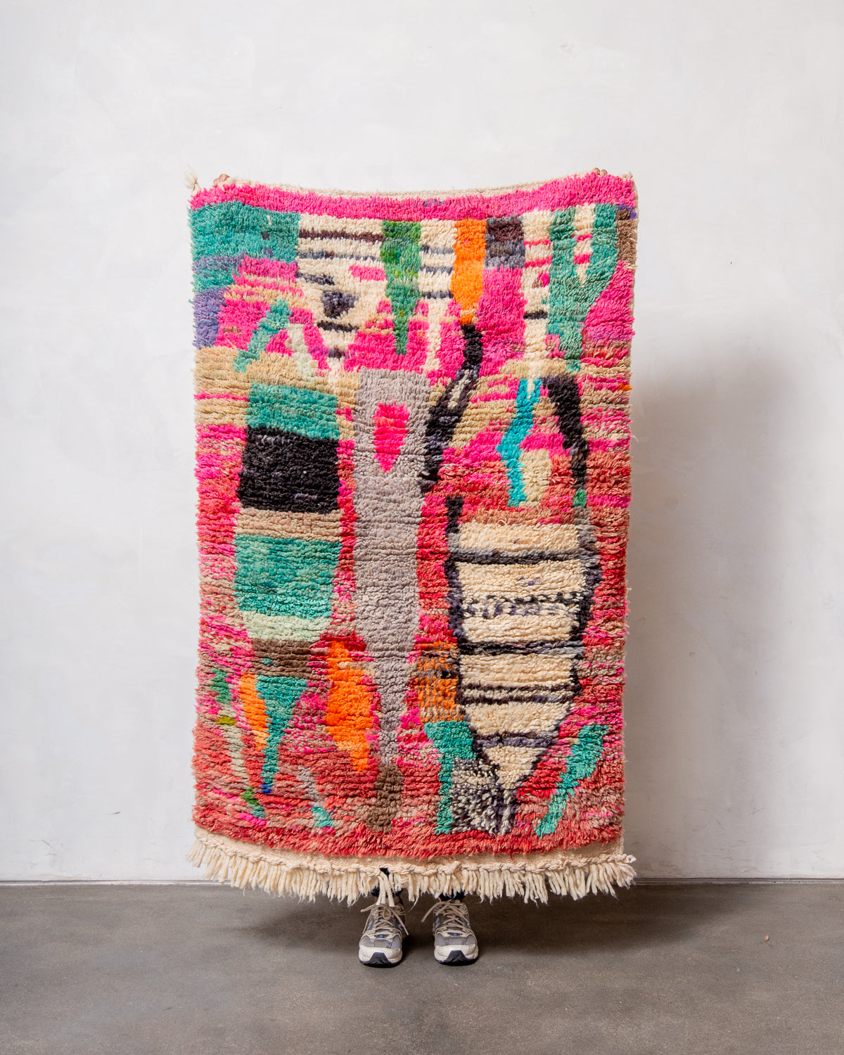 Modern, designer, handcrafted Berber rug from Morocco. Vintage carpet with beautiful colours and patterns and fluffy texture.
