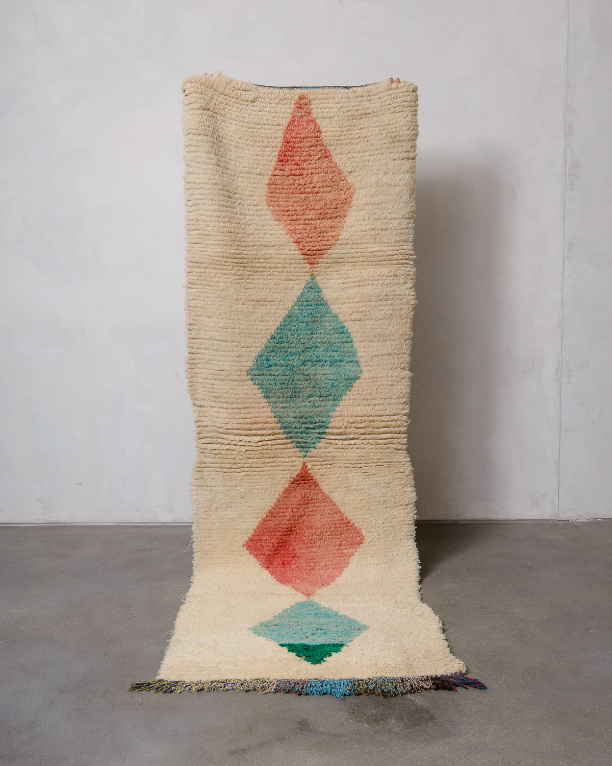 Modern, designer, handcrafted Berber runner rug from Morocco. Vintage carpet with beautiful colours and patterns and fluffy texture.