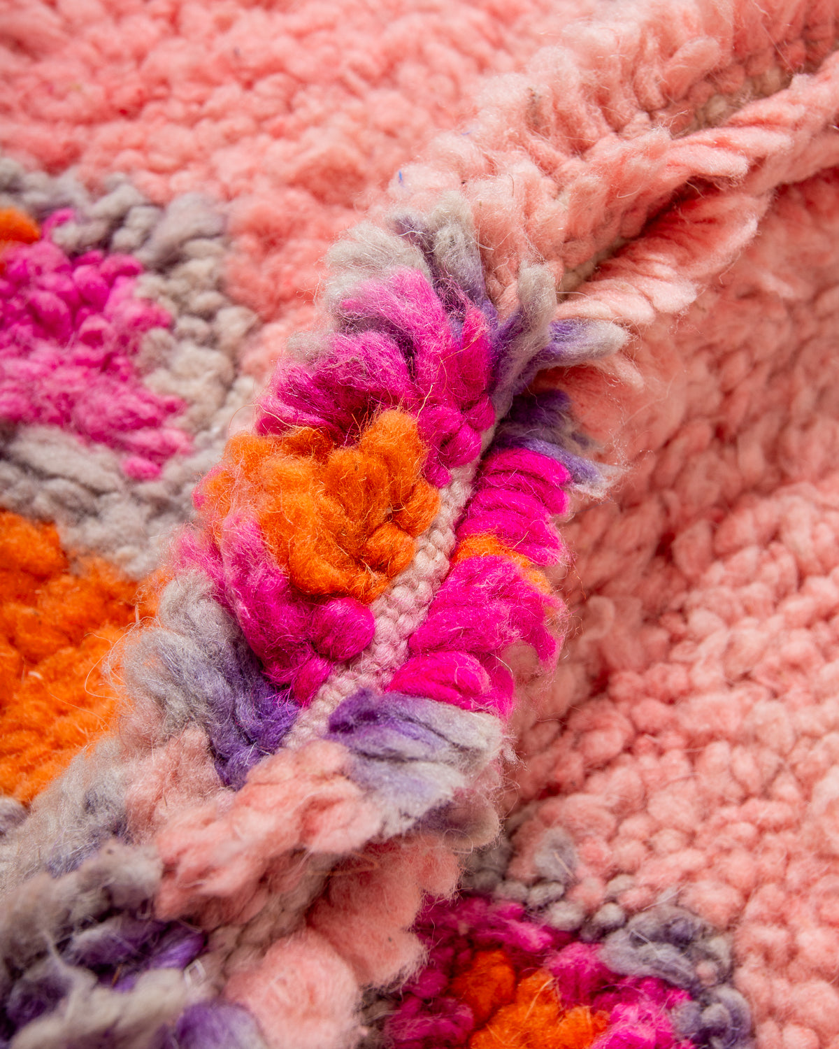 Modern, designer, handcrafted Berber rug from Morocco. Vintage carpet with beautiful colours and patterns and fluffy texture.