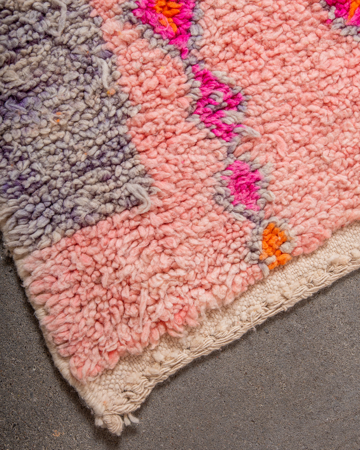 Modern, designer, handcrafted Berber rug from Morocco. Vintage carpet with beautiful colours and patterns and fluffy texture.