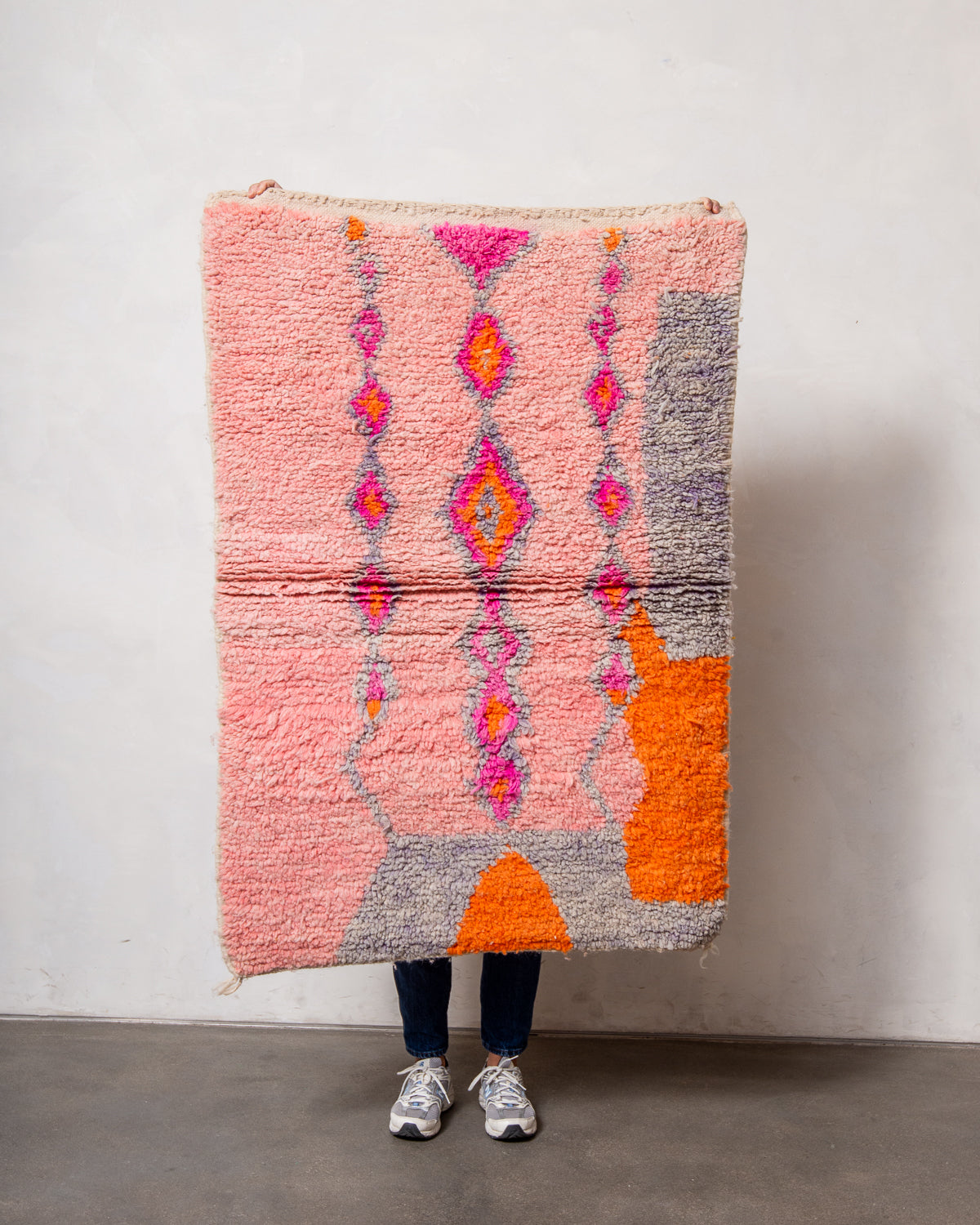 Modern, designer, handcrafted Berber rug from Morocco. Vintage carpet with beautiful colours and patterns and fluffy texture.