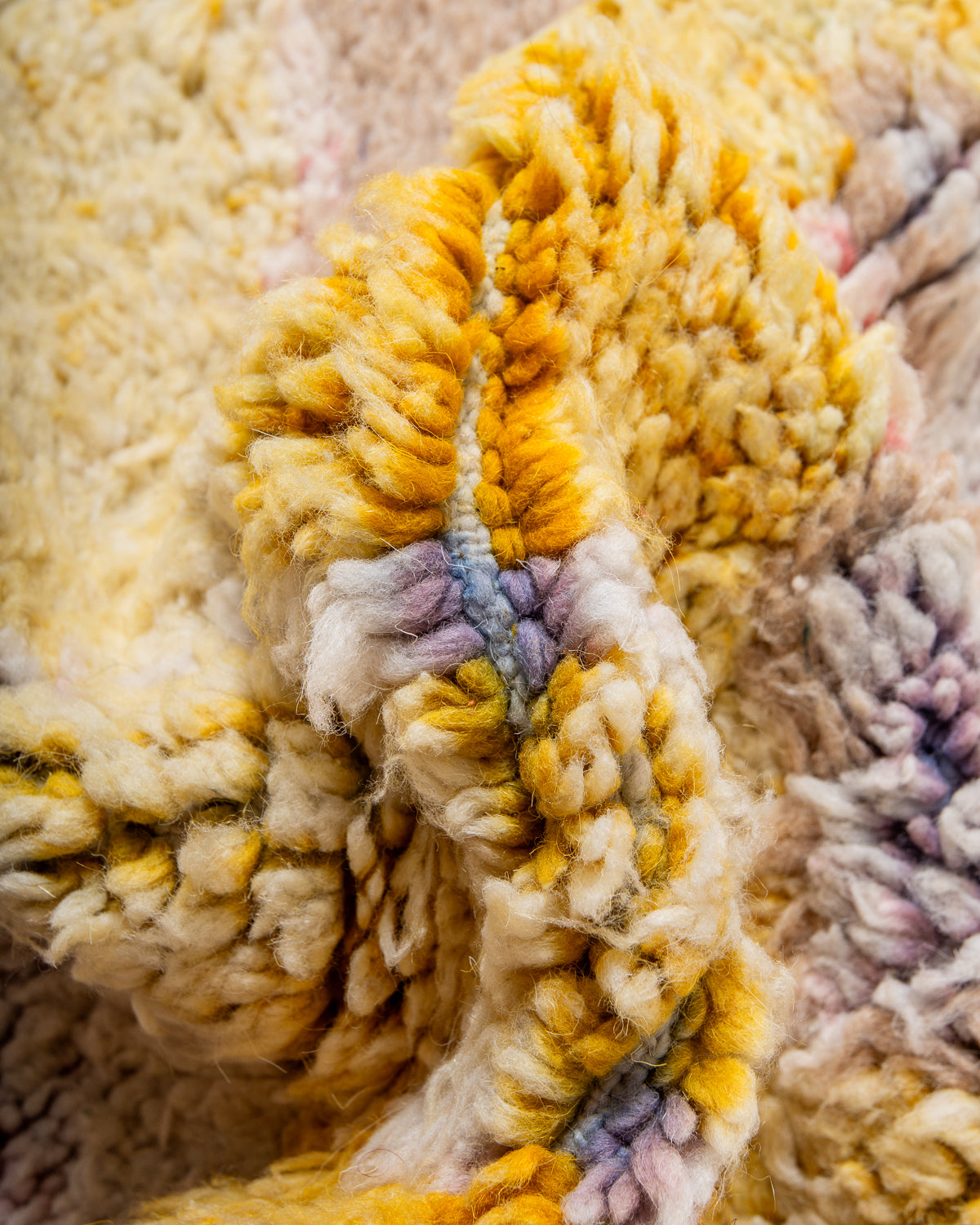 Modern, designer, handcrafted Berber rug from Morocco. Vintage carpet with beautiful colours and patterns and fluffy texture.