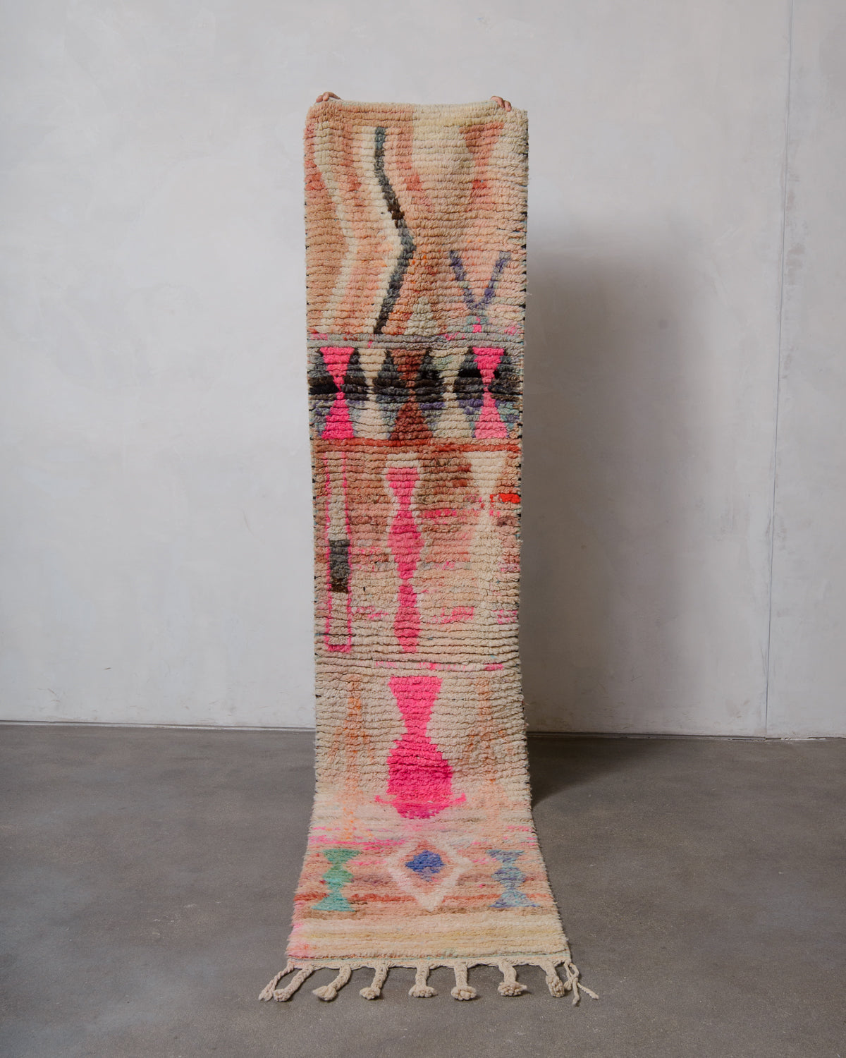 Modern, designer, handcrafted Berber runner rug from Morocco. Vintage carpet with beautiful colours and patterns and fluffy texture.