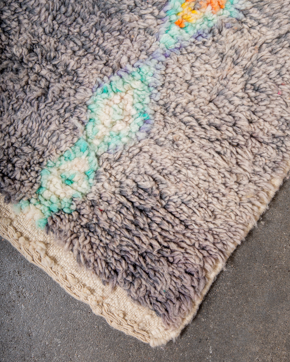 Modern, designer, handcrafted Berber rug from Morocco. Vintage carpet with beautiful colours and patterns and fluffy texture.