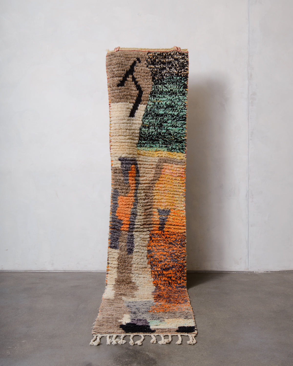 Modern, designer, handcrafted Berber runner rug from Morocco. Vintage carpet with beautiful colours and patterns and fluffy texture.