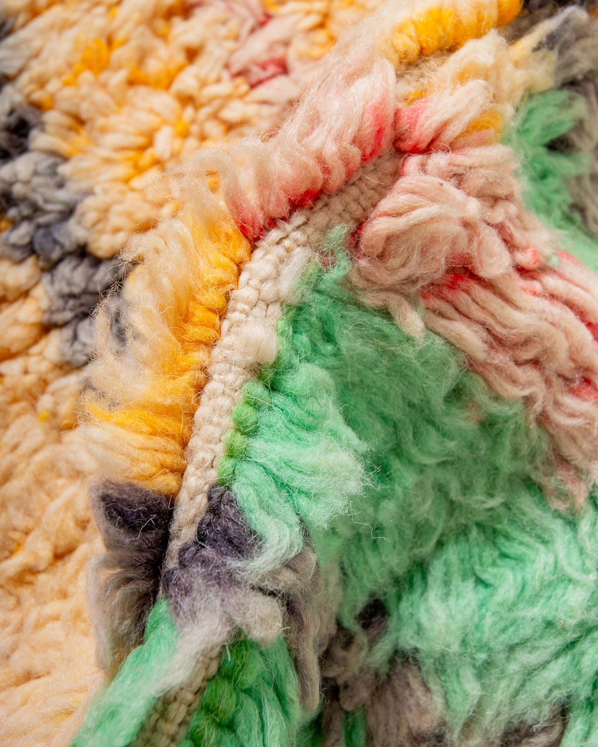 Modern, designer, handcrafted Berber rug from Morocco. Vintage carpet with beautiful colours and patterns and fluffy texture.