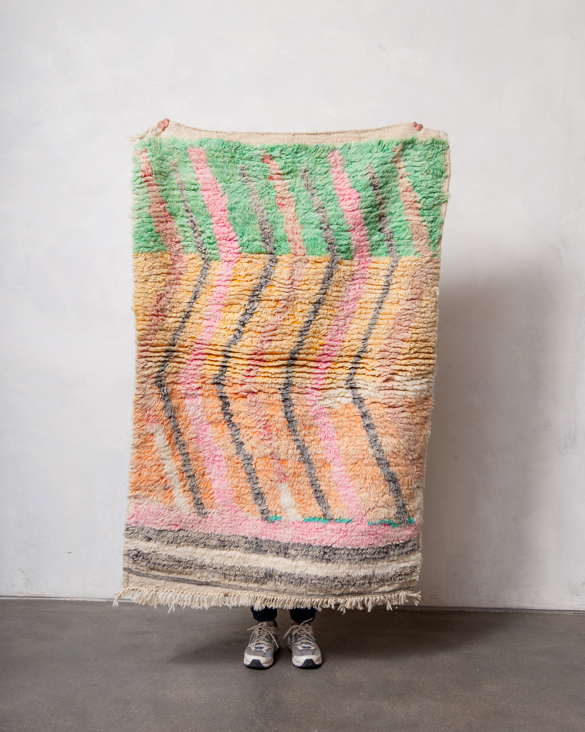 Modern, designer, handcrafted Berber rug from Morocco. Vintage carpet with beautiful colours and patterns and fluffy texture.