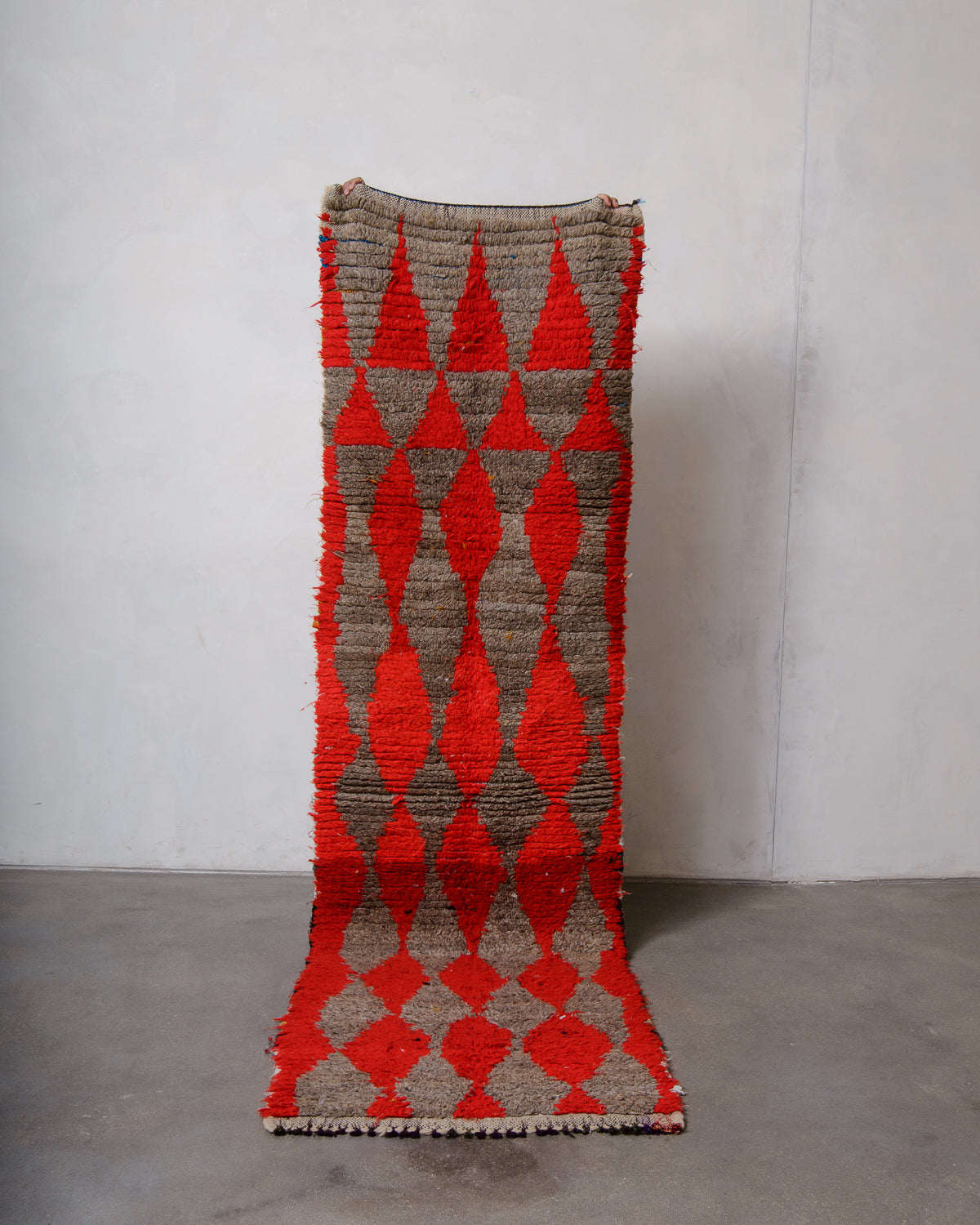 Modern, designer, handcrafted Berber runner rug from Morocco. Vintage carpet with beautiful colours and patterns and fluffy texture.