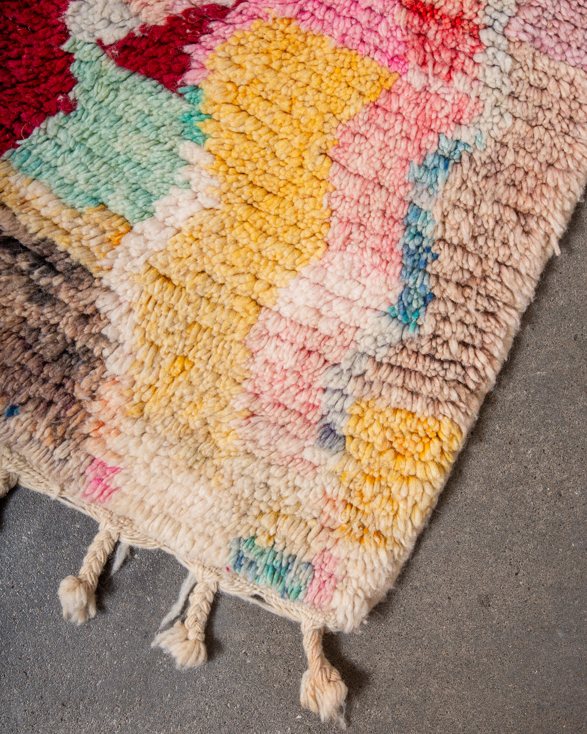 Modern, designer, handcrafted Berber rug from Morocco. Vintage carpet with beautiful colours and patterns and fluffy texture.