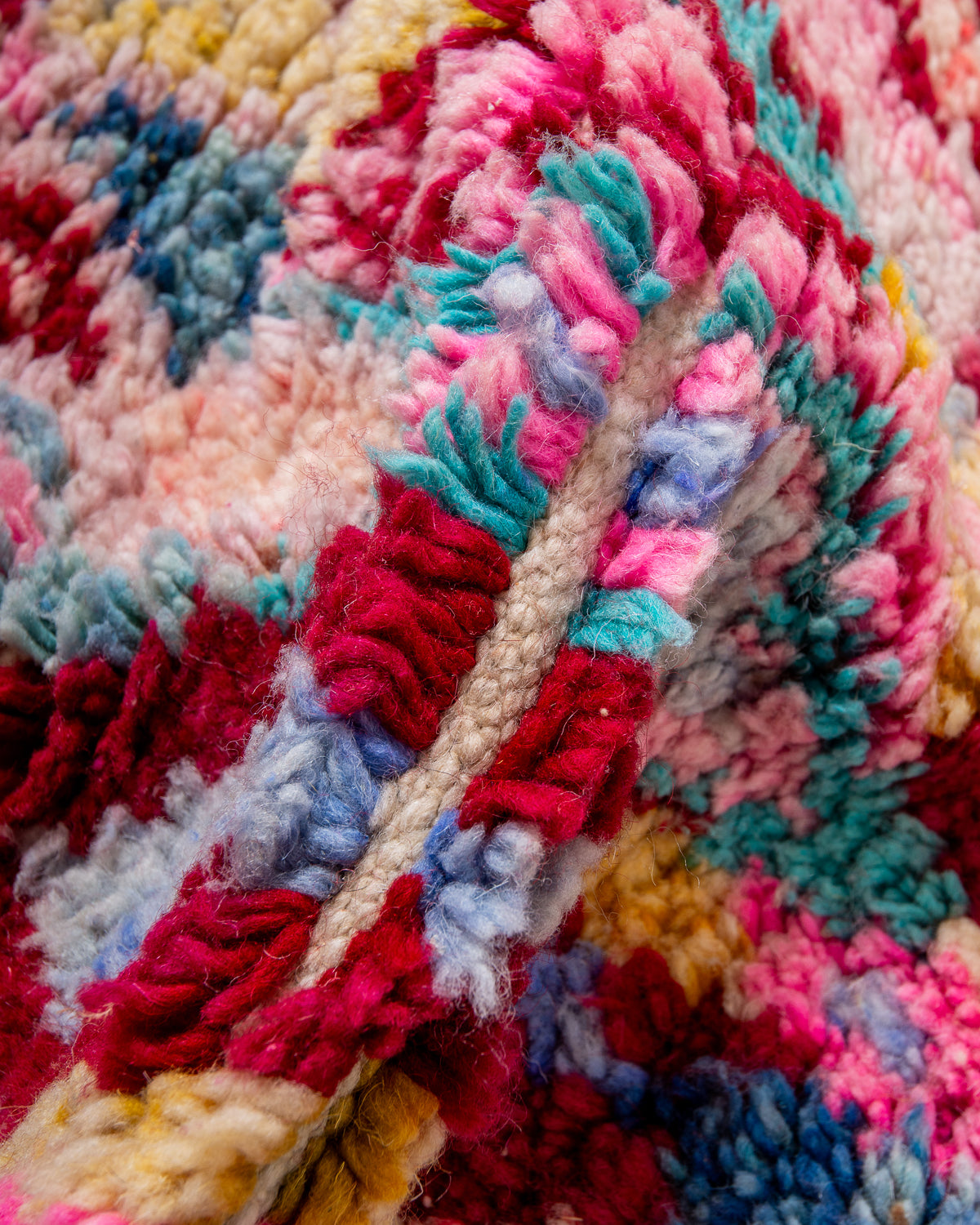 Modern, designer, handcrafted Berber rug from Morocco. Vintage carpet with beautiful colours and patterns and fluffy texture.