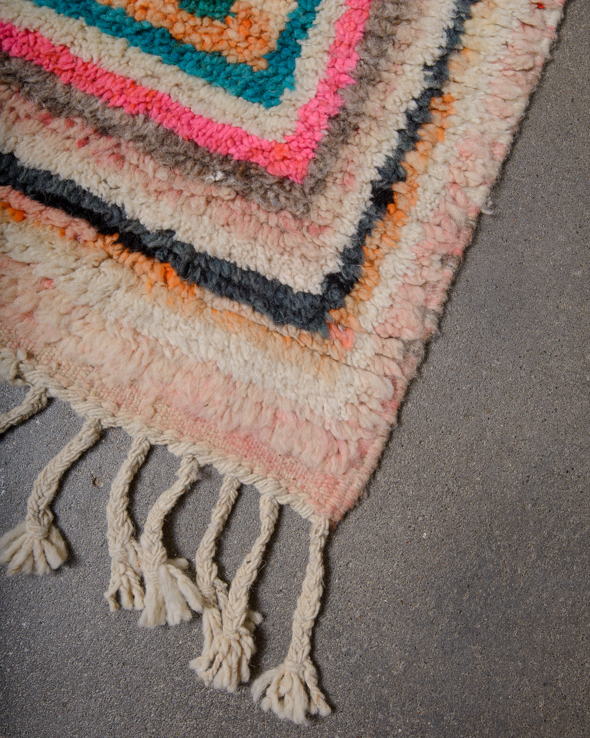Modern, designer, handcrafted Berber runner rug from Morocco. Vintage carpet with beautiful colours and patterns and fluffy texture.
