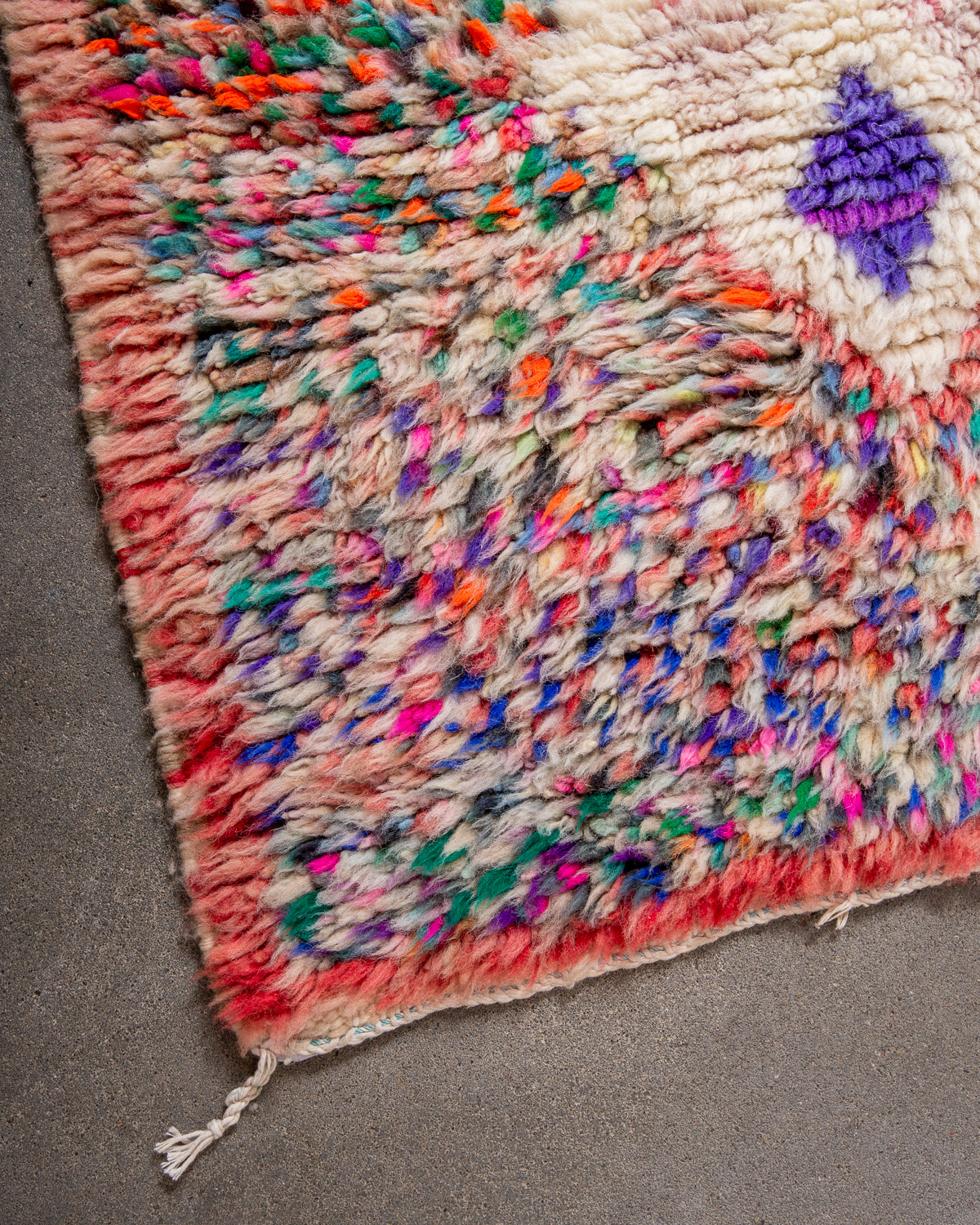 Modern, designer, handcrafted Berber rug from Morocco. Vintage carpet with beautiful colours and patterns and fluffy texture.