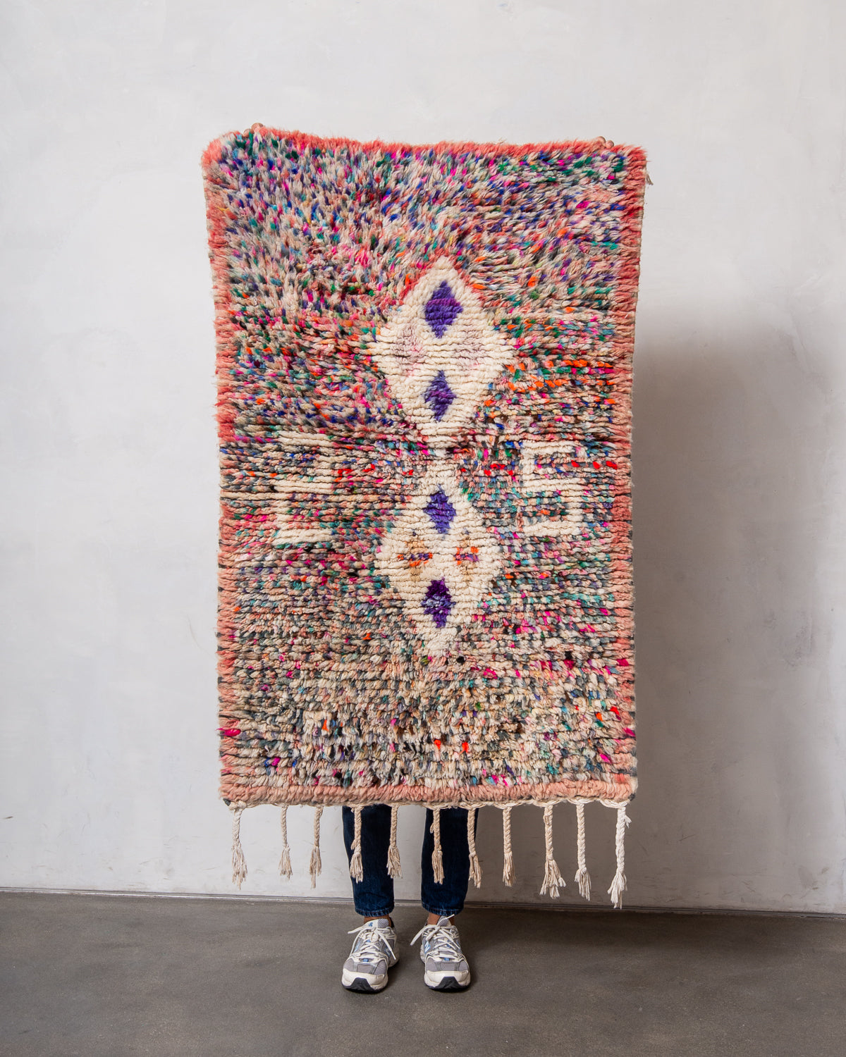 Modern, designer, handcrafted Berber rug from Morocco. Vintage carpet with beautiful colours and patterns and fluffy texture.