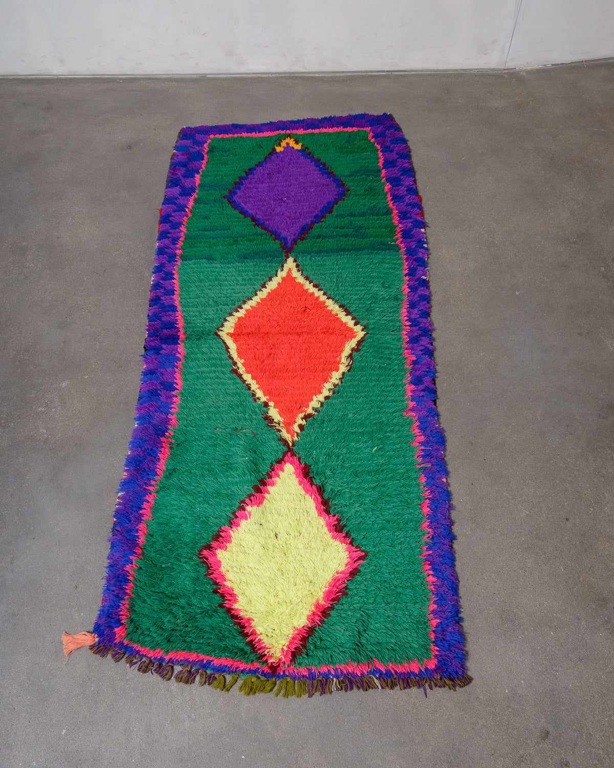 Modern, designer, handcrafted Berber runner rug from Morocco. Vintage carpet with beautiful colours and patterns and fluffy texture.