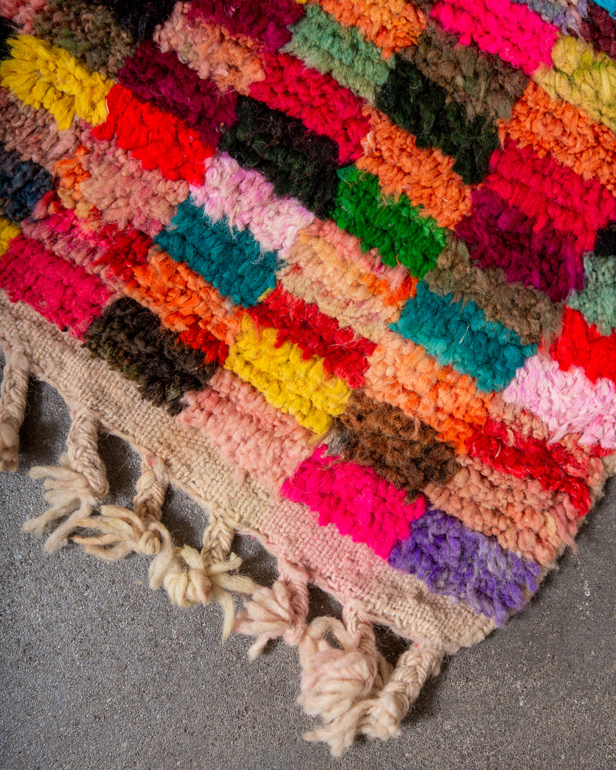 Modern, designer, handcrafted Berber rug from Morocco. Vintage carpet with beautiful colours and patterns and fluffy texture.
