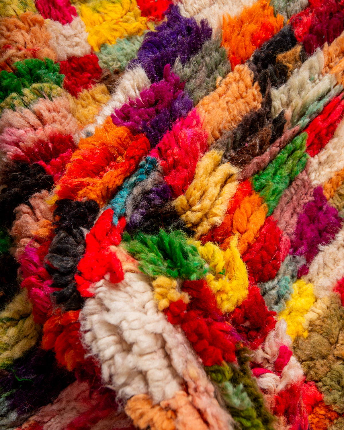 Modern, designer, handcrafted Berber rug from Morocco. Vintage carpet with beautiful colours and patterns and fluffy texture.