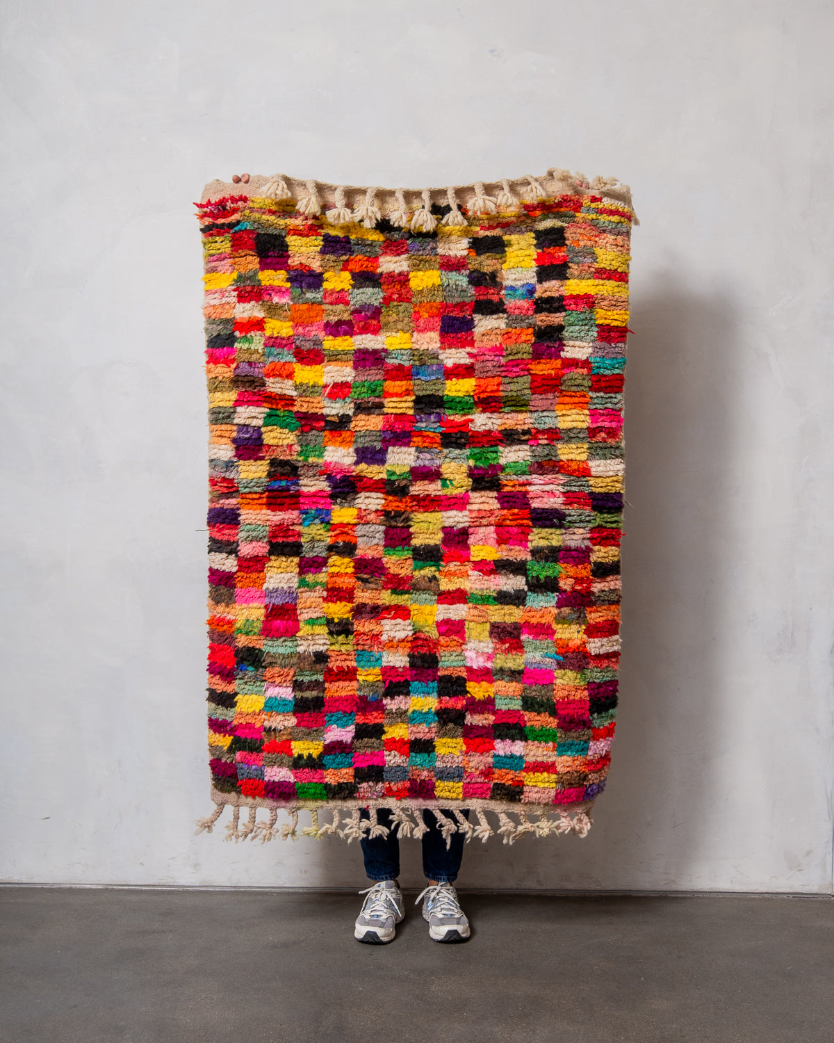 Modern, designer, handcrafted Berber rug from Morocco. Vintage carpet with beautiful colours and patterns and fluffy texture.