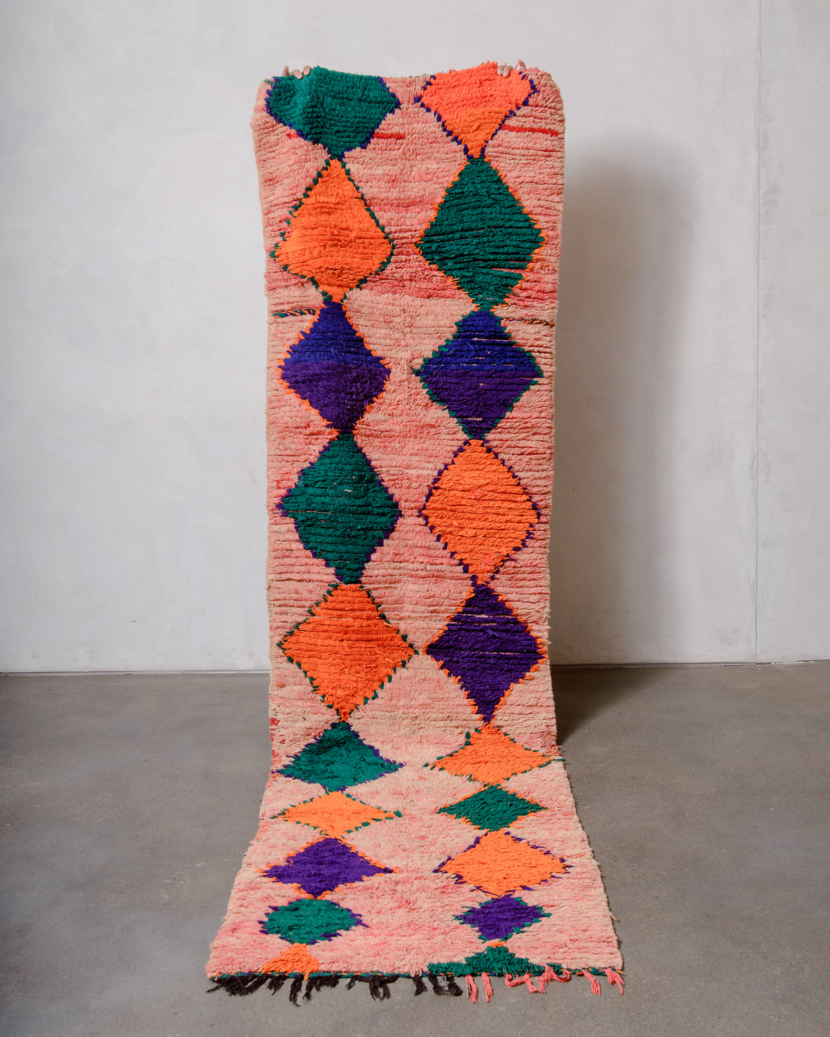 Modern, designer, handcrafted Berber runner rug from Morocco. Vintage carpet with beautiful colours and patterns and fluffy texture.