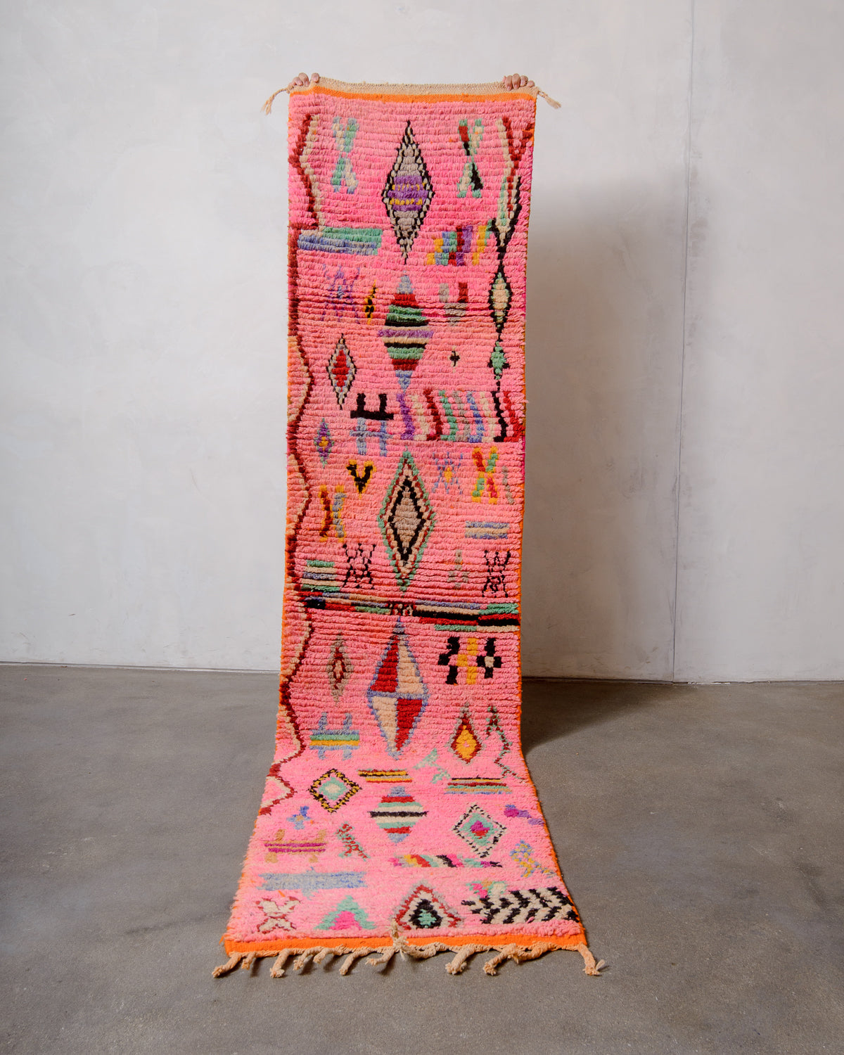 Modern, designer, handcrafted Berber runner rug from Morocco. Vintage carpet with beautiful colours and patterns and fluffy texture.