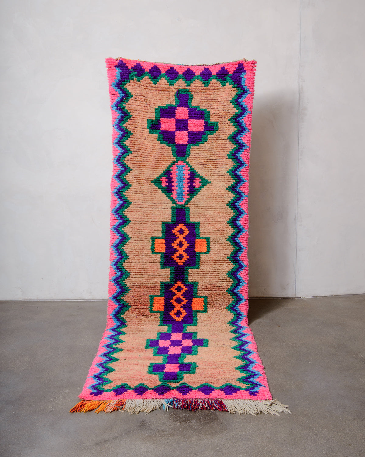 Modern, designer, handcrafted Berber runner rug from Morocco. Vintage carpet with beautiful colours and patterns and fluffy texture.