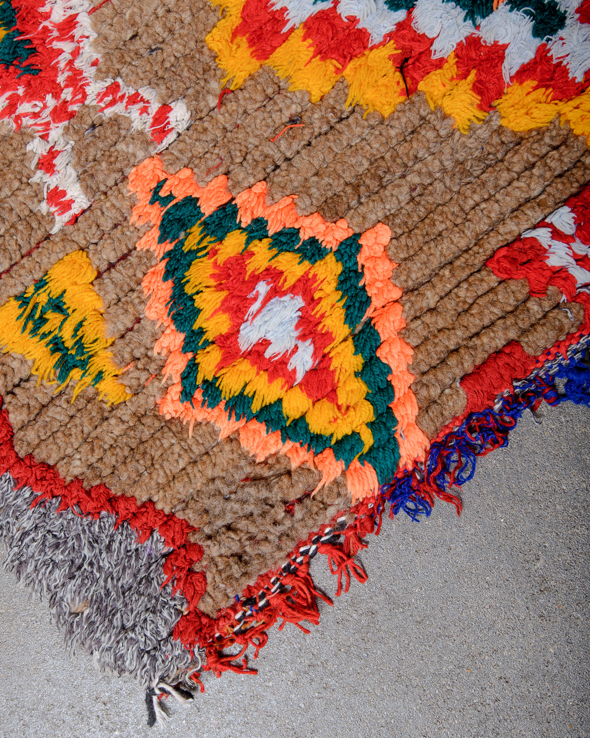 Modern, designer, handcrafted Berber runner rug from Morocco. Vintage carpet with beautiful colours and patterns and fluffy texture.