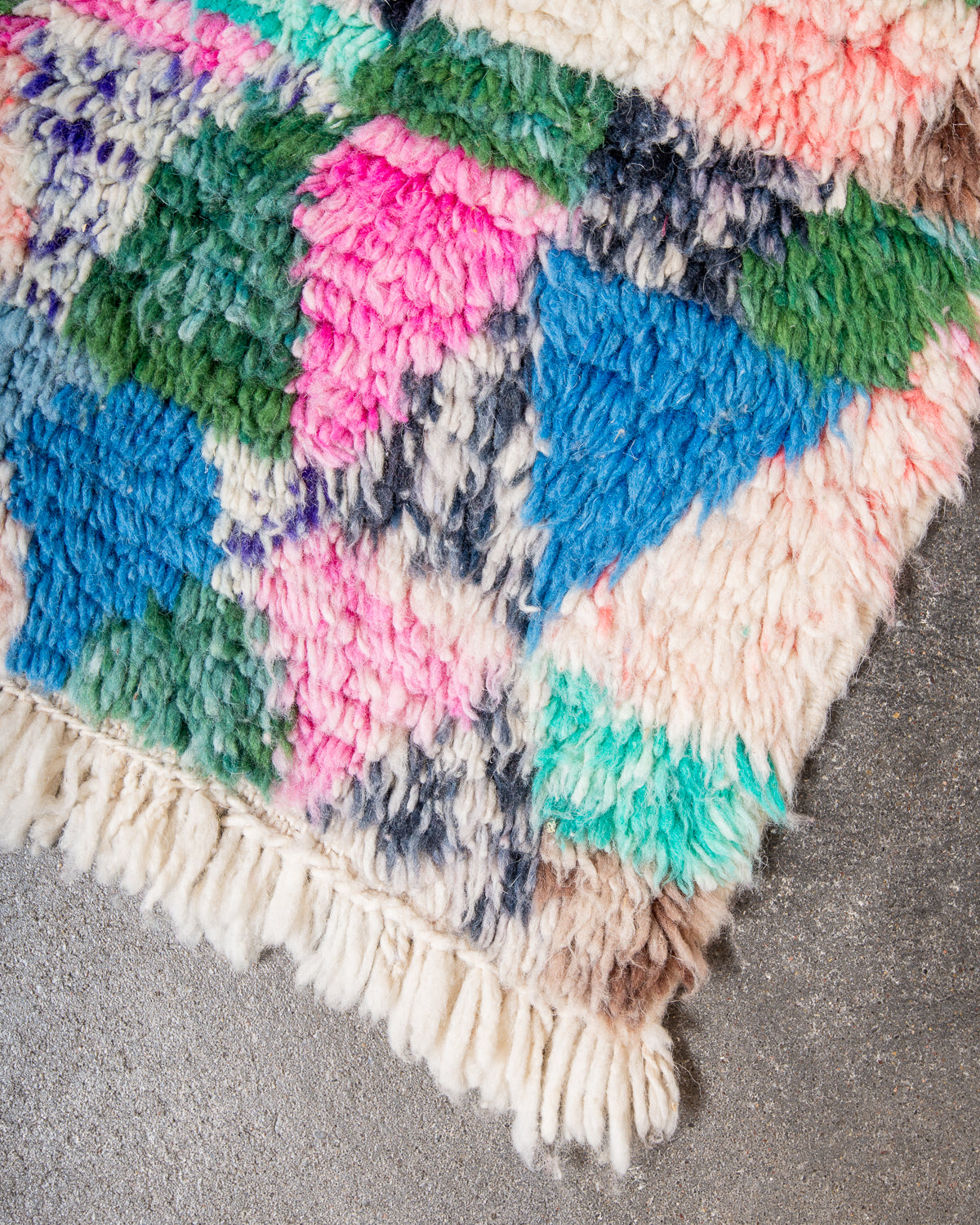 Modern, designer, handcrafted Berber rug from Morocco. Vintage carpet with beautiful colours and patterns and fluffy texture.
