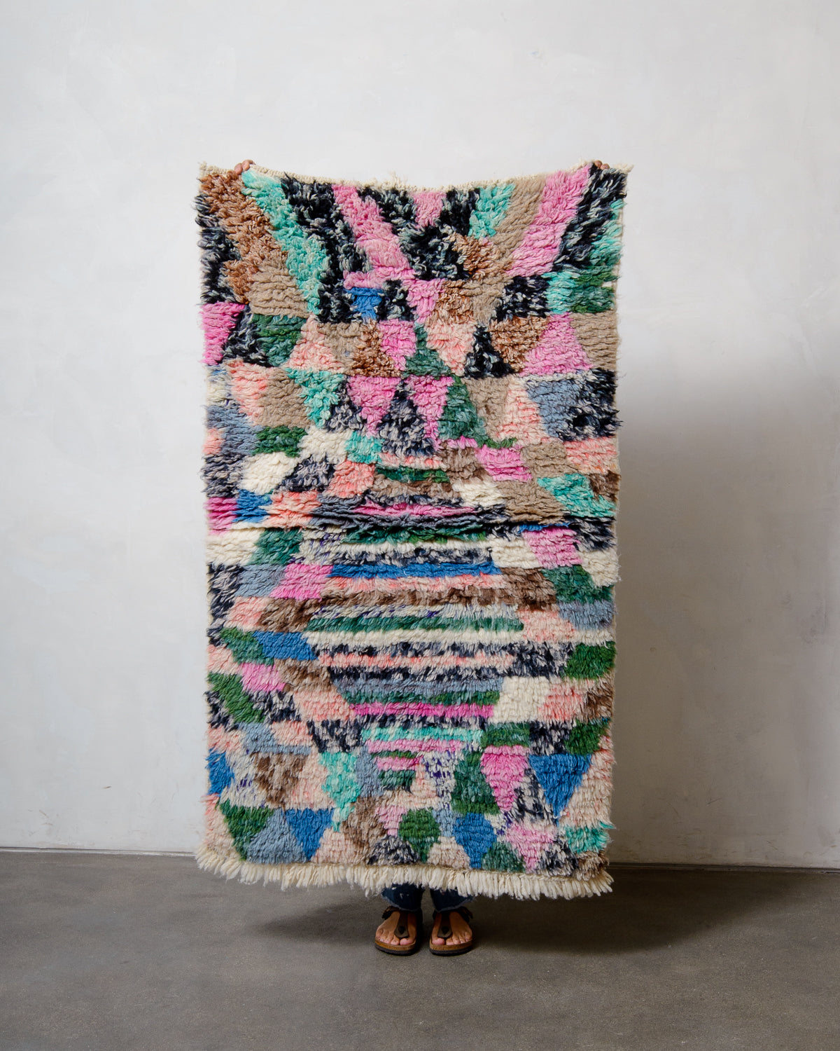 Modern, designer, handcrafted Berber rug from Morocco. Vintage carpet with beautiful colours and patterns and fluffy texture.