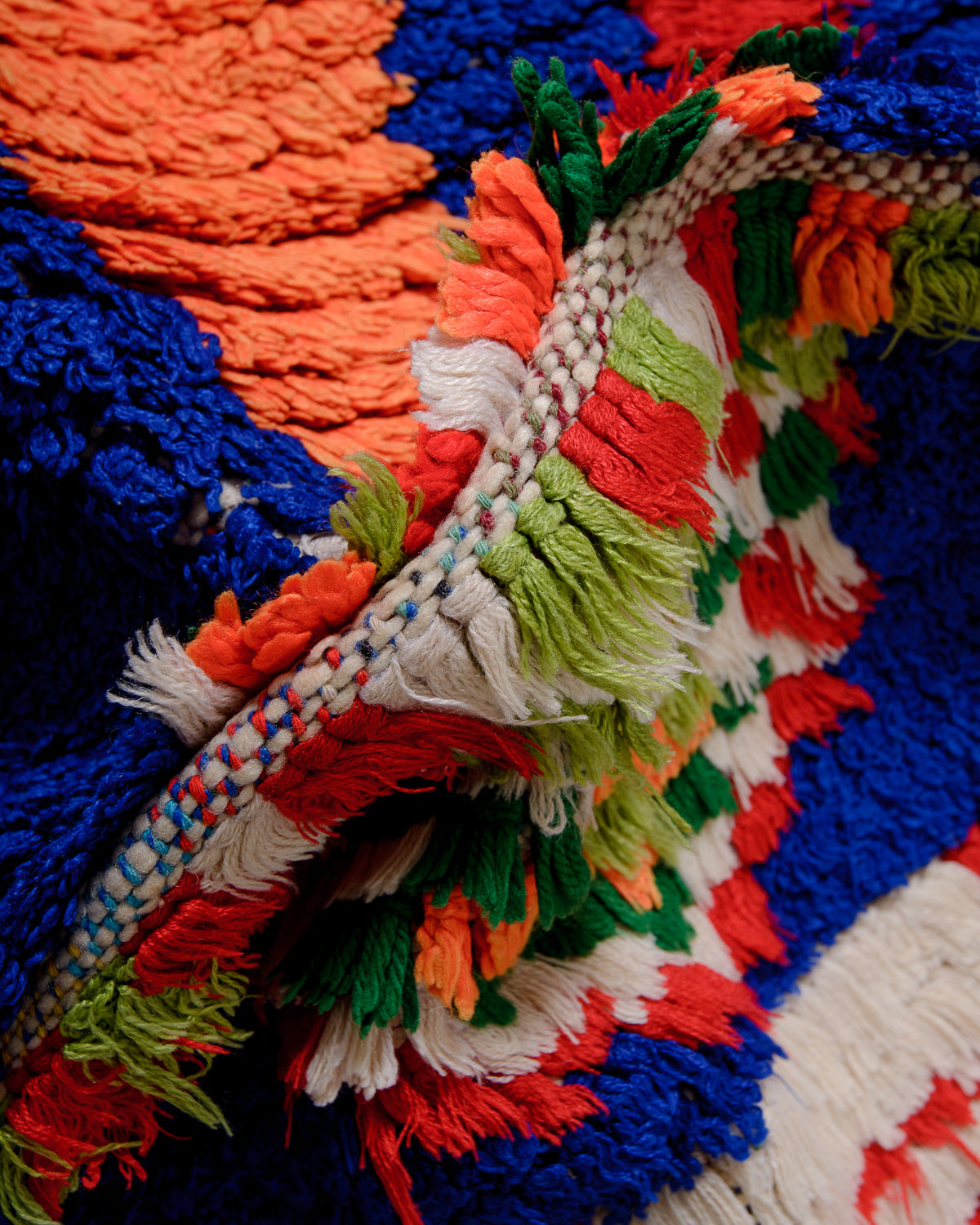 Modern, designer, handcrafted Berber runner rug from Morocco. Vintage carpet with beautiful colours and patterns and fluffy texture.