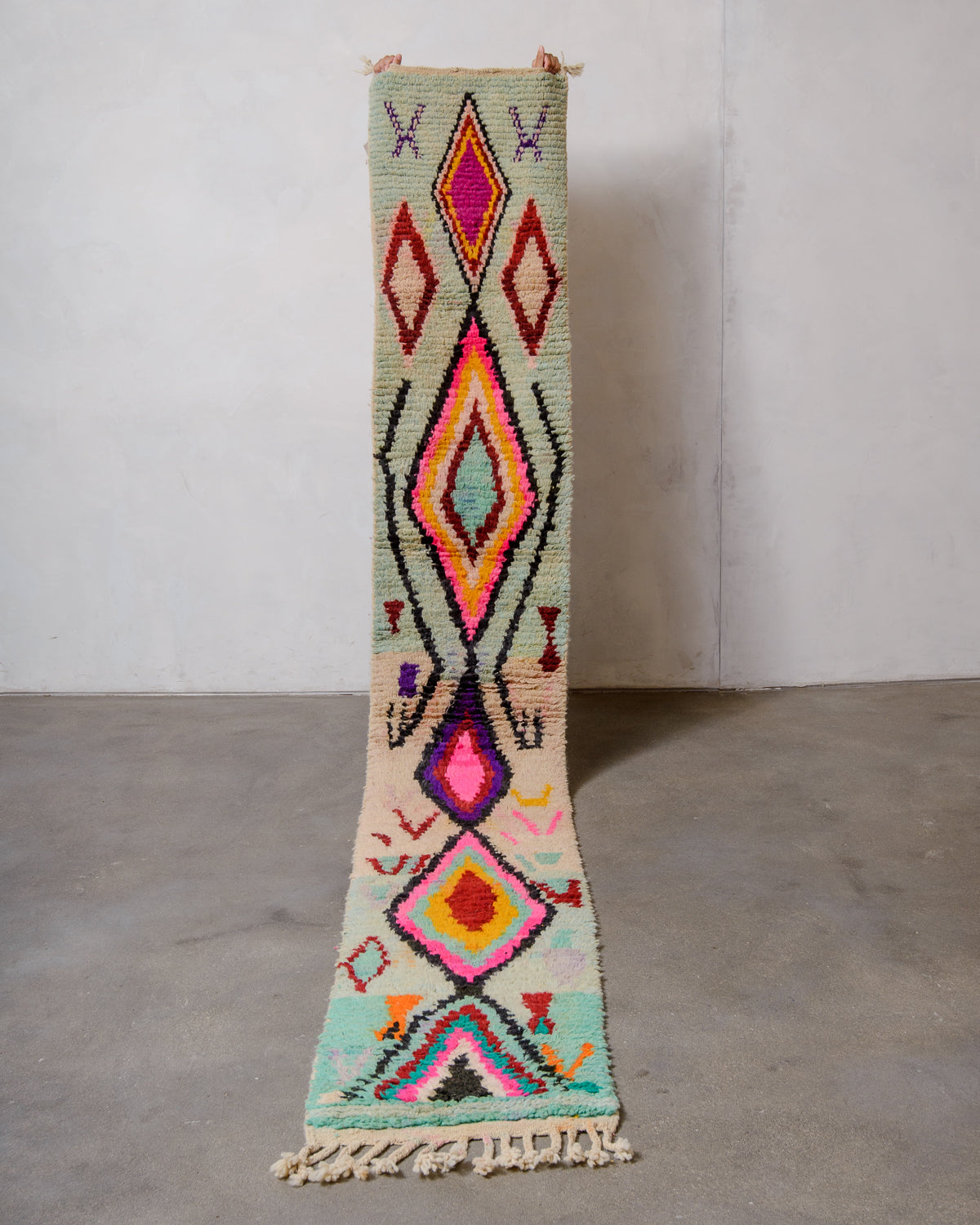 Modern, designer, handcrafted Berber runner rug from Morocco. Vintage carpet with beautiful colours and patterns and fluffy texture.