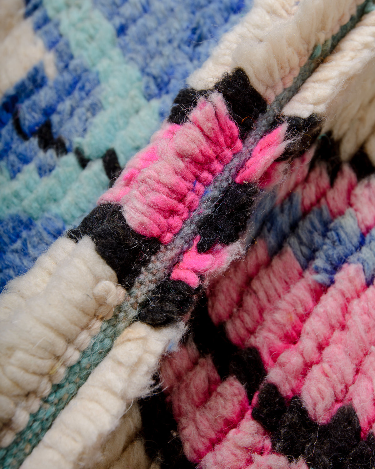 Modern, designer, handcrafted Berber runner rug from Morocco. Vintage carpet with beautiful colours and patterns and fluffy texture.