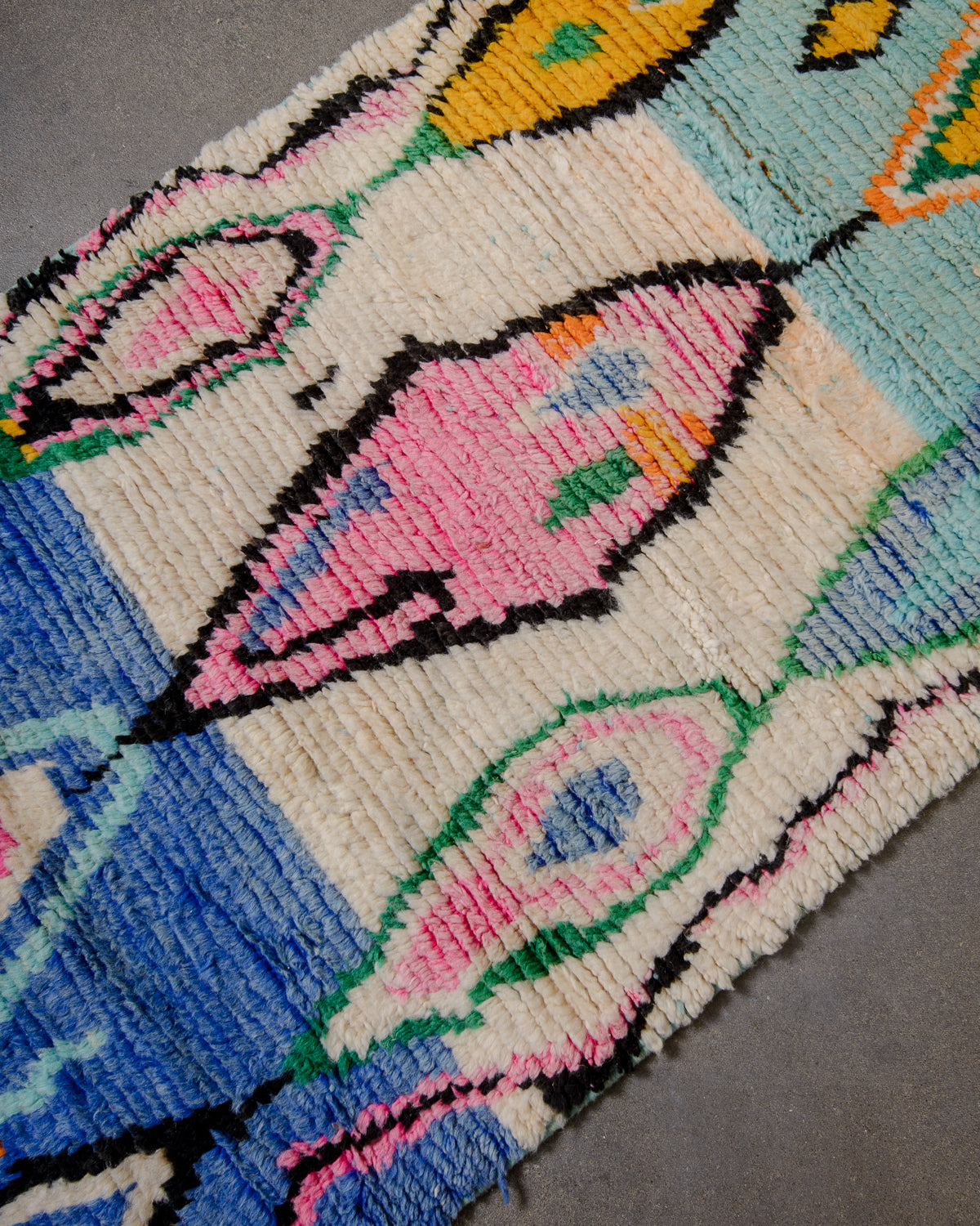 Modern, designer, handcrafted Berber runner rug from Morocco. Vintage carpet with beautiful colours and patterns and fluffy texture.