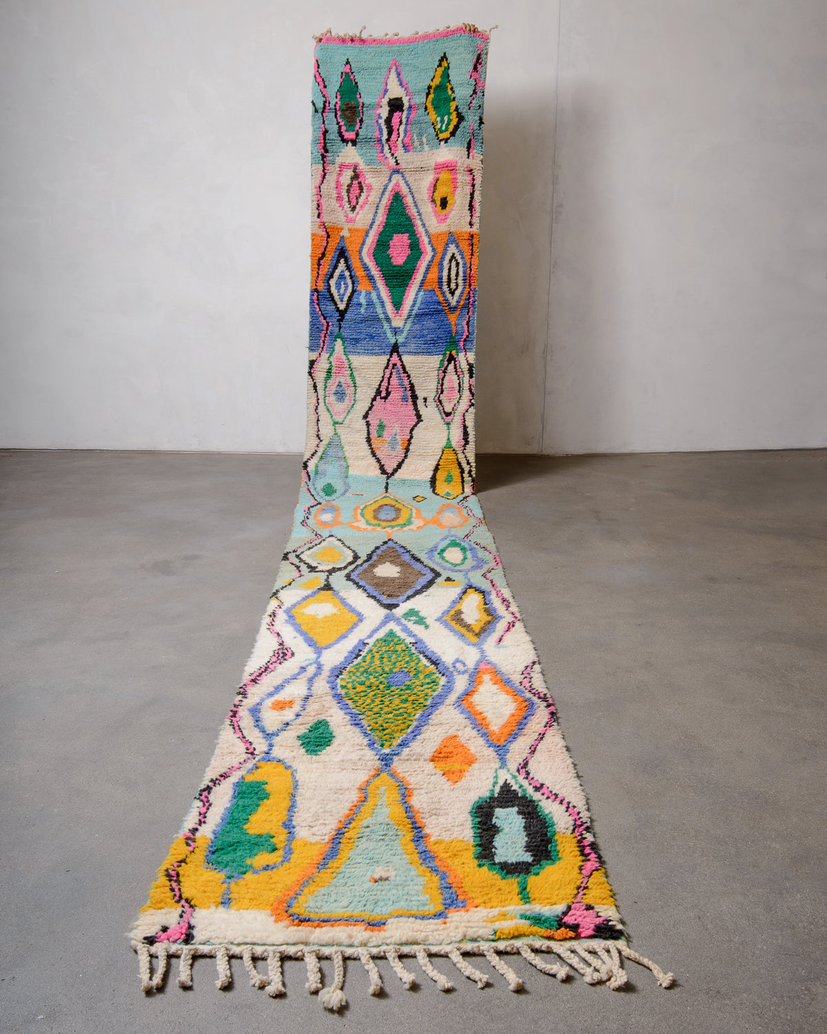 Modern, designer, handcrafted Berber runner rug from Morocco. Vintage carpet with beautiful colours and patterns and fluffy texture.