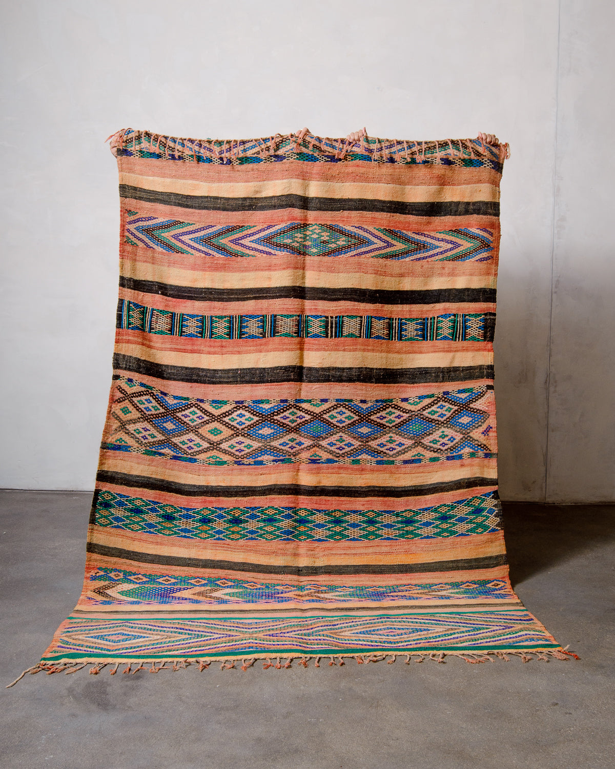 Modern, designer, handcrafted Berber rug from Morocco. Vintage Kelim carpet with beautiful designs and robust flat weave out of wool.